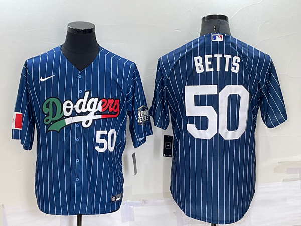 Men's  Los Angeles Dodgers #50 Mookie Betts Blue Mexico World Series Throwback Stitched Cool Base Jersey