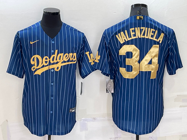 Men's  Los Angeles Dodgers #34 Fernando Valenzuela Blue Gold Throwback Cool Base MLB Jersey