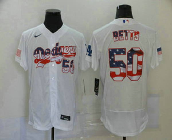 Men's Los Angeles Dodgers #50 Mookie Betts White USA Flag Stitched MLB Flex Base  Jersey
