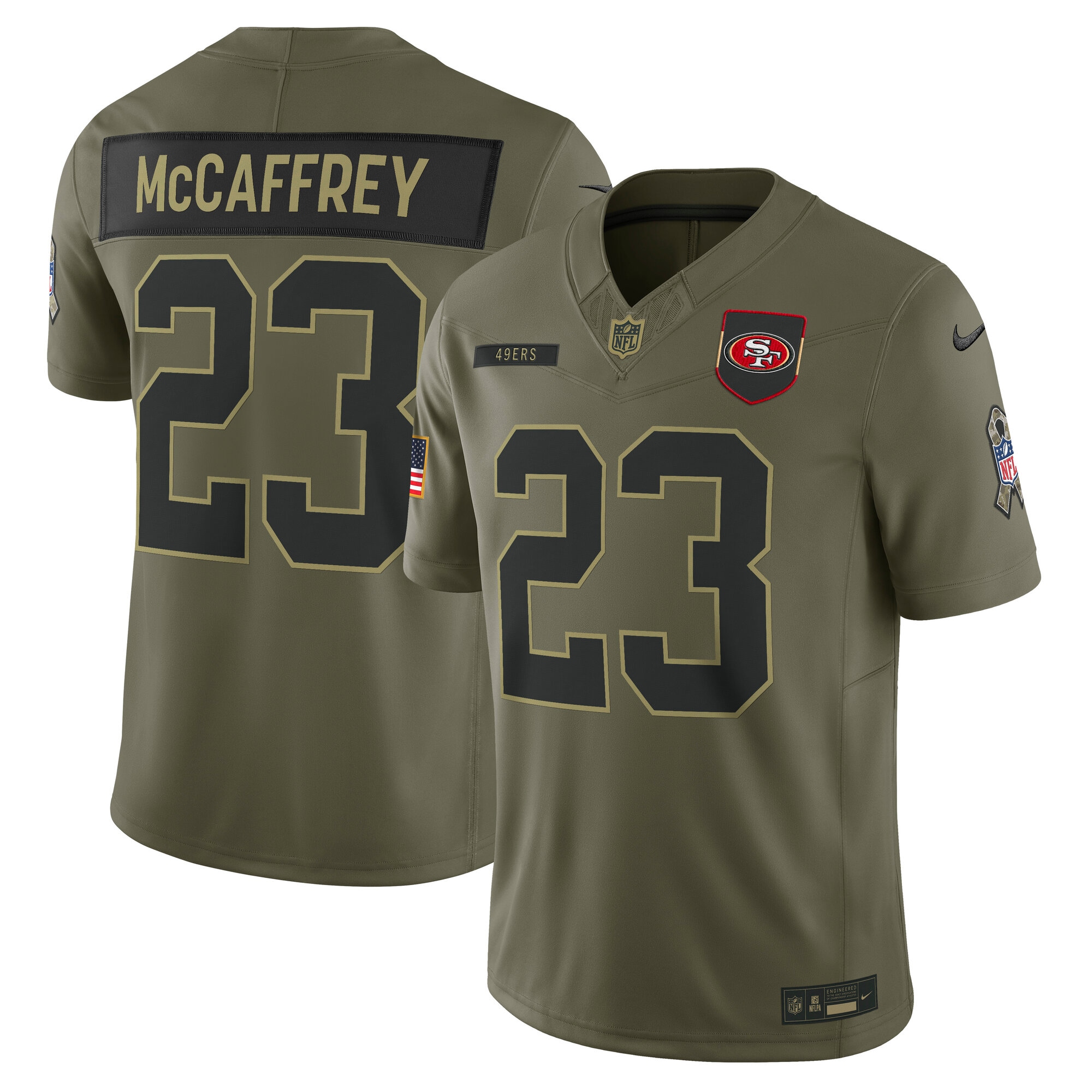Men's San Francisco 49ers #23 Christian McCaffrey Olive 2025 Salute to Service Limited Jersey