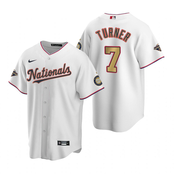 Men's Washington Nationals #7 Trea Turner White Gold 2019 World Series Champions Stitched MLB Cool Base  Jersey