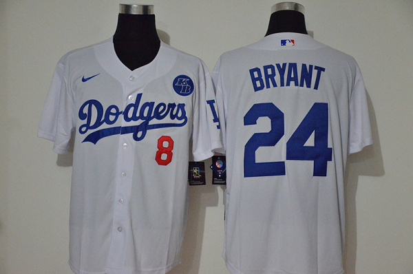 Men's  Los Angeles Dodgers #24 Kobe Bryant With front Number #8 White KB Patch Stitched MLB Cool Base Jersey