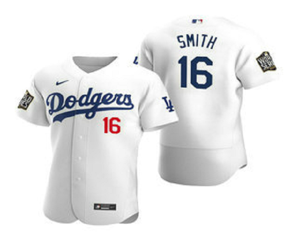 Men's Los Angeles Dodgers #16 Will Smith White 2020 World Series Flex Base  Jersey