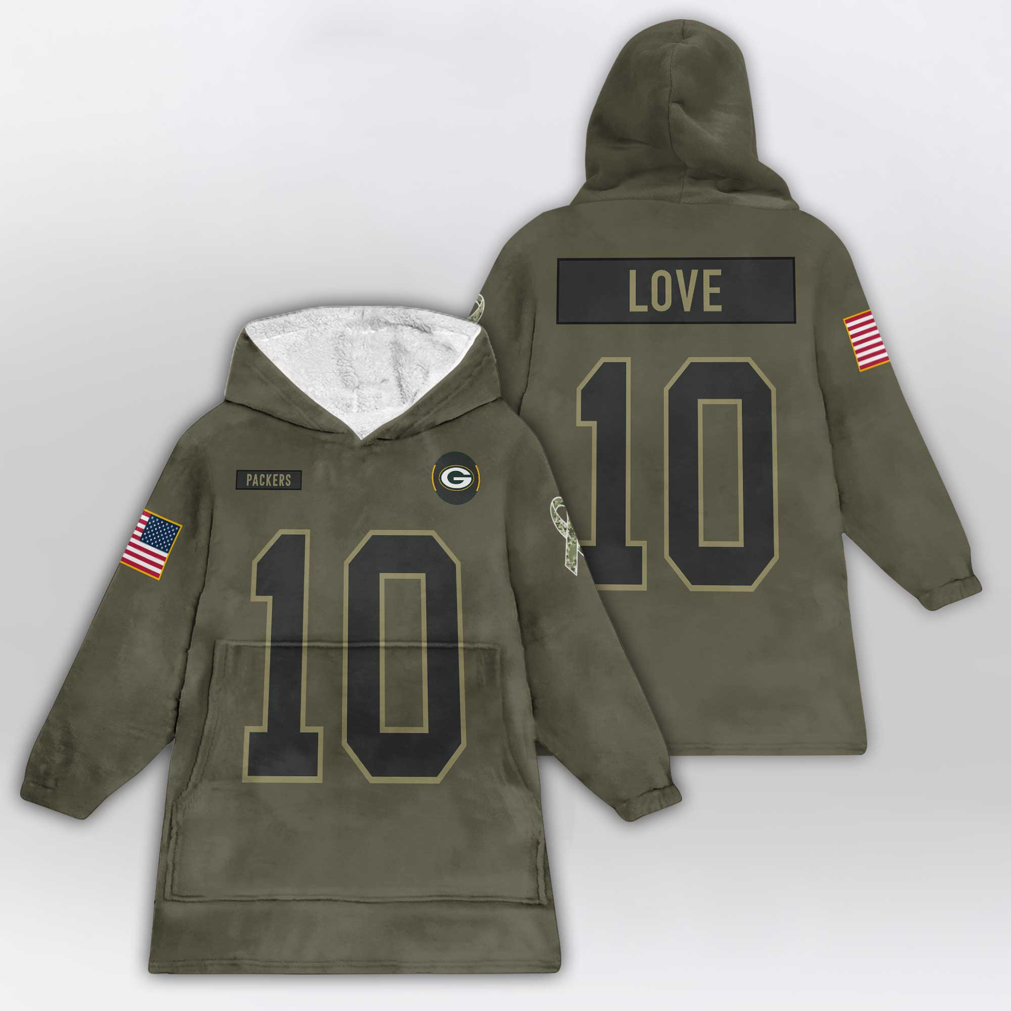 Kid J.L 10 Green Bay Football Blanket Hoodie – Olive Salute to Service