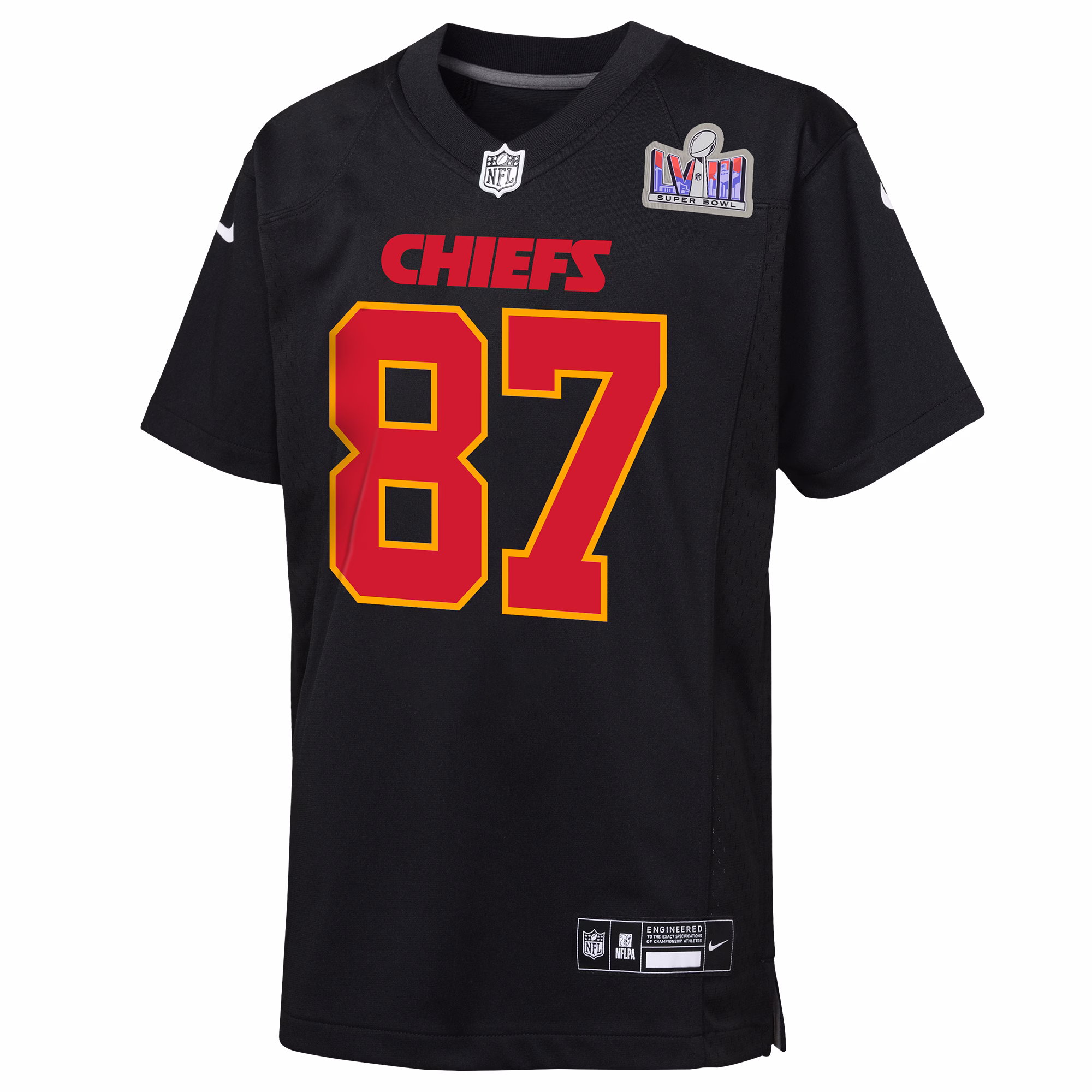 Travis Kelce Kansas City Chiefs  Youth 2023 Super Bowl LVIII Patch Carbon Fashion Game Jersey - Black