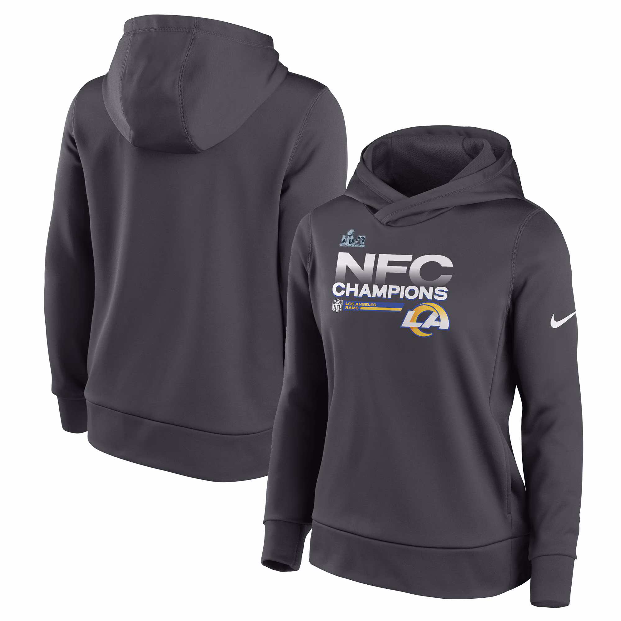 Los Angeles Rams Women's 2021 NFC Champions Locker Room Trophy Collection Pullover Hoodie - Anthracite
