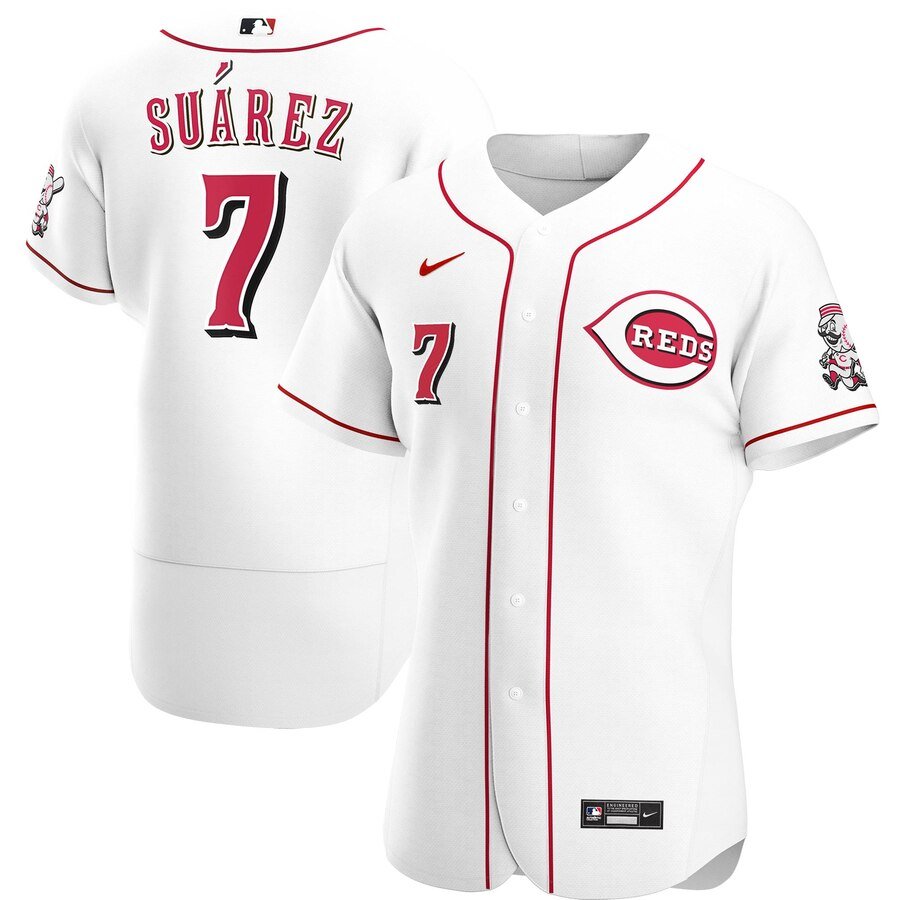 Men's  Cincinnati Reds #7 Eugenio Suarez White Home 2020 Player MLB Jersey