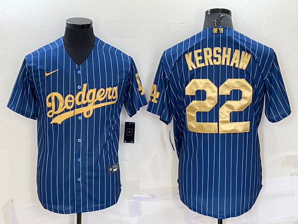 Men's  Los Angeles Dodgers #22 Clayton Kershaw Blue Gold Throwback Cool Base MLB Jersey