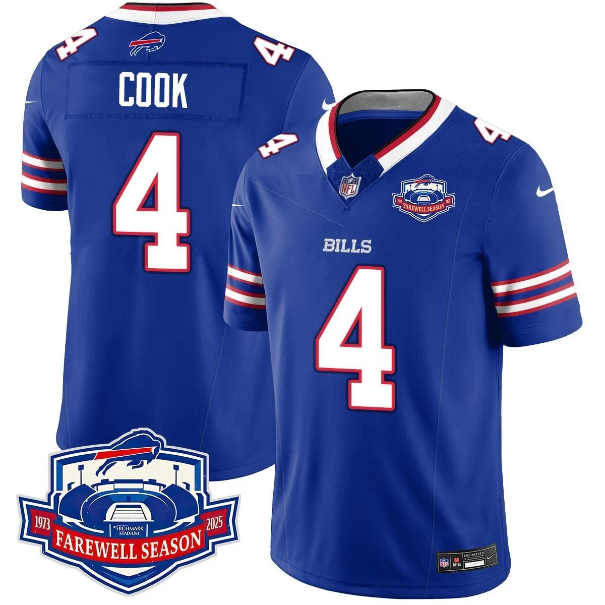 Men's Bills #4 James Cook III 2025 Farewell Season All Stitched Jersey Blue