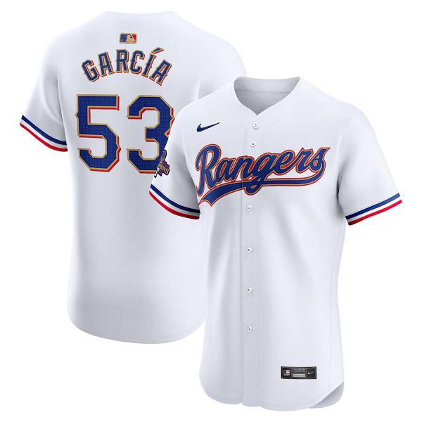 Men's Texas Rangers #53 Adolis Garcia  White 2024 Gold?Collection Elite Player Jersey