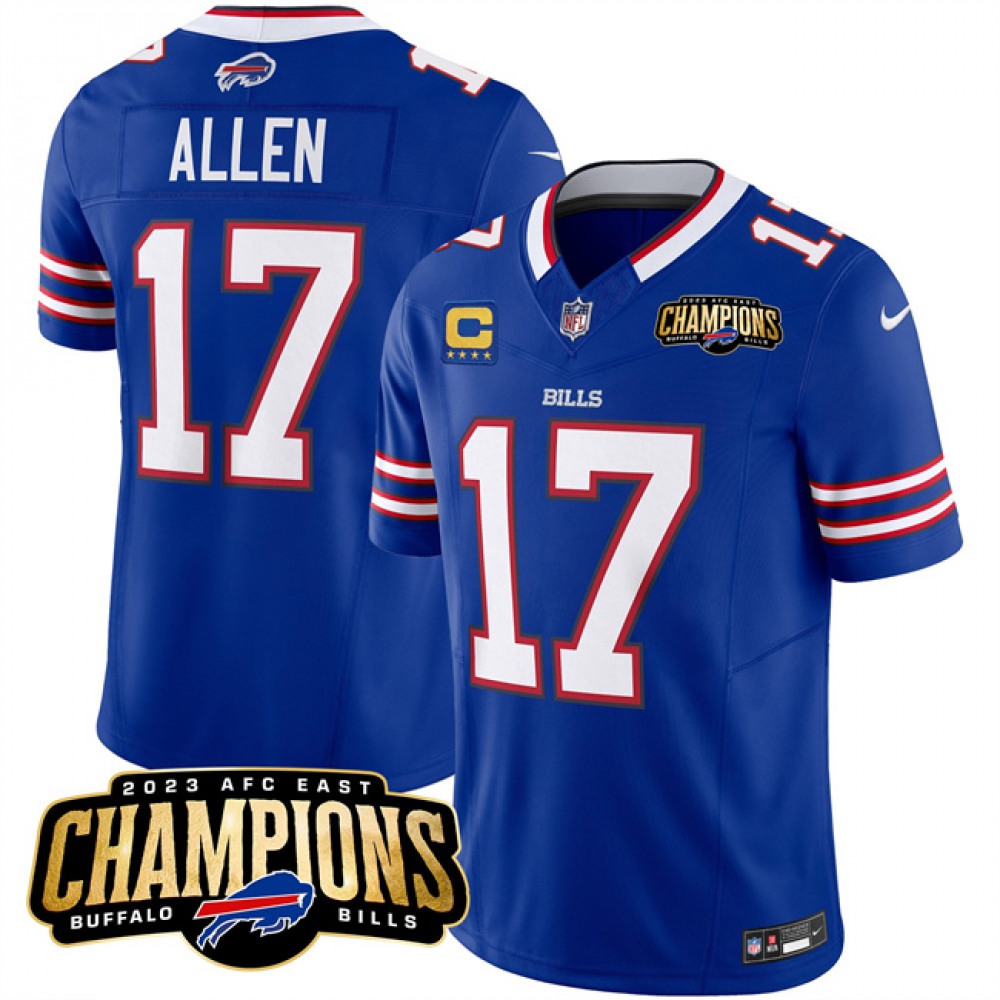 Men's Buffalo Bills #17 Josh Allen 2023 AFC East Champions With 4-star C Ptach Stitched Jersey