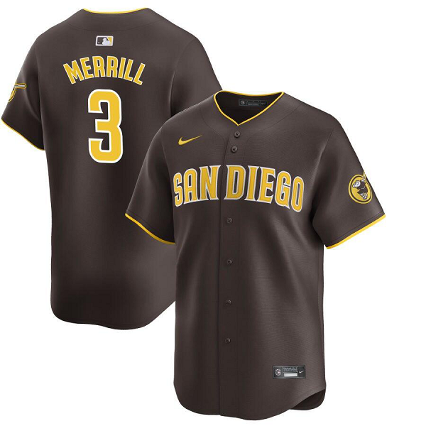 Men's San Diego Padres #3 Jackson Merrill  Brown Away Limited Jersey