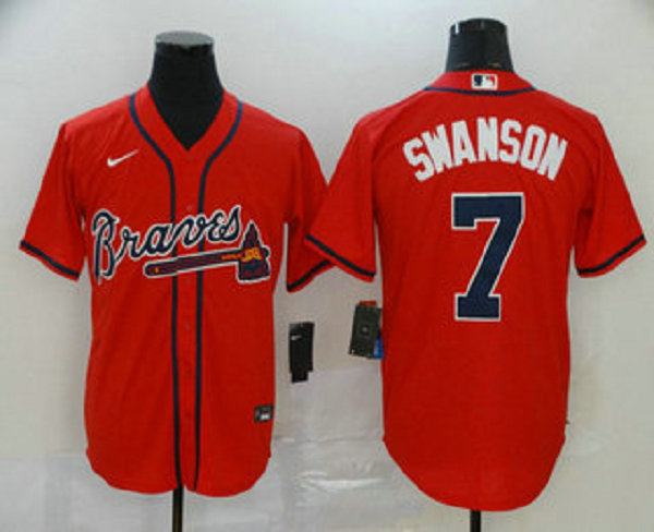Men's Atlanta Braves #7 Dansby Swanson Red Stitched MLB Cool Base  Jersey