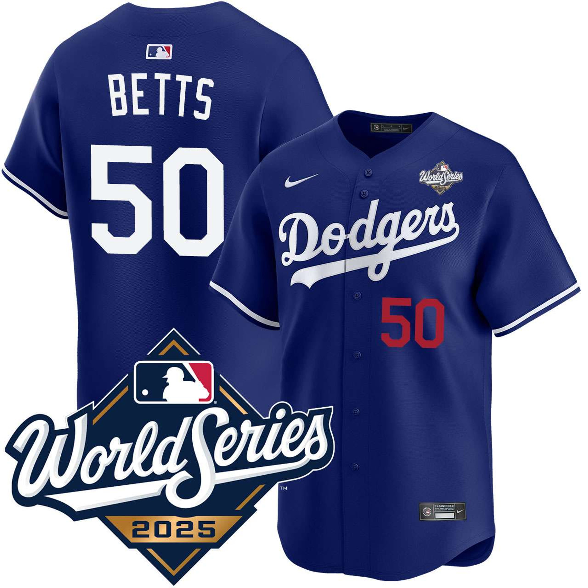 Mookie Betts #50 Los Angeles Dodgers Alternate Royal Limited 2025 World Series Jersey